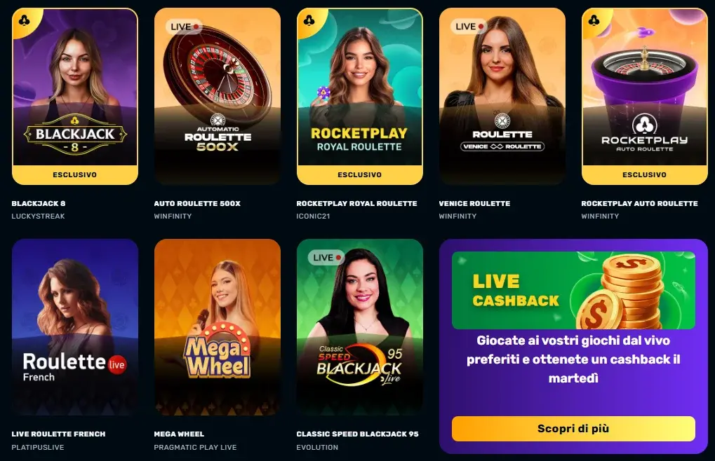 Giochi con croupier dal vivo su RocketPlay Online